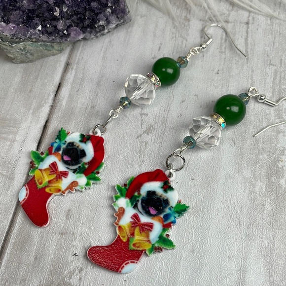 French Bulldog Acrylic Christmas Dangle Earrings Hand Crafted And Double Sided - Picture 2 of 12